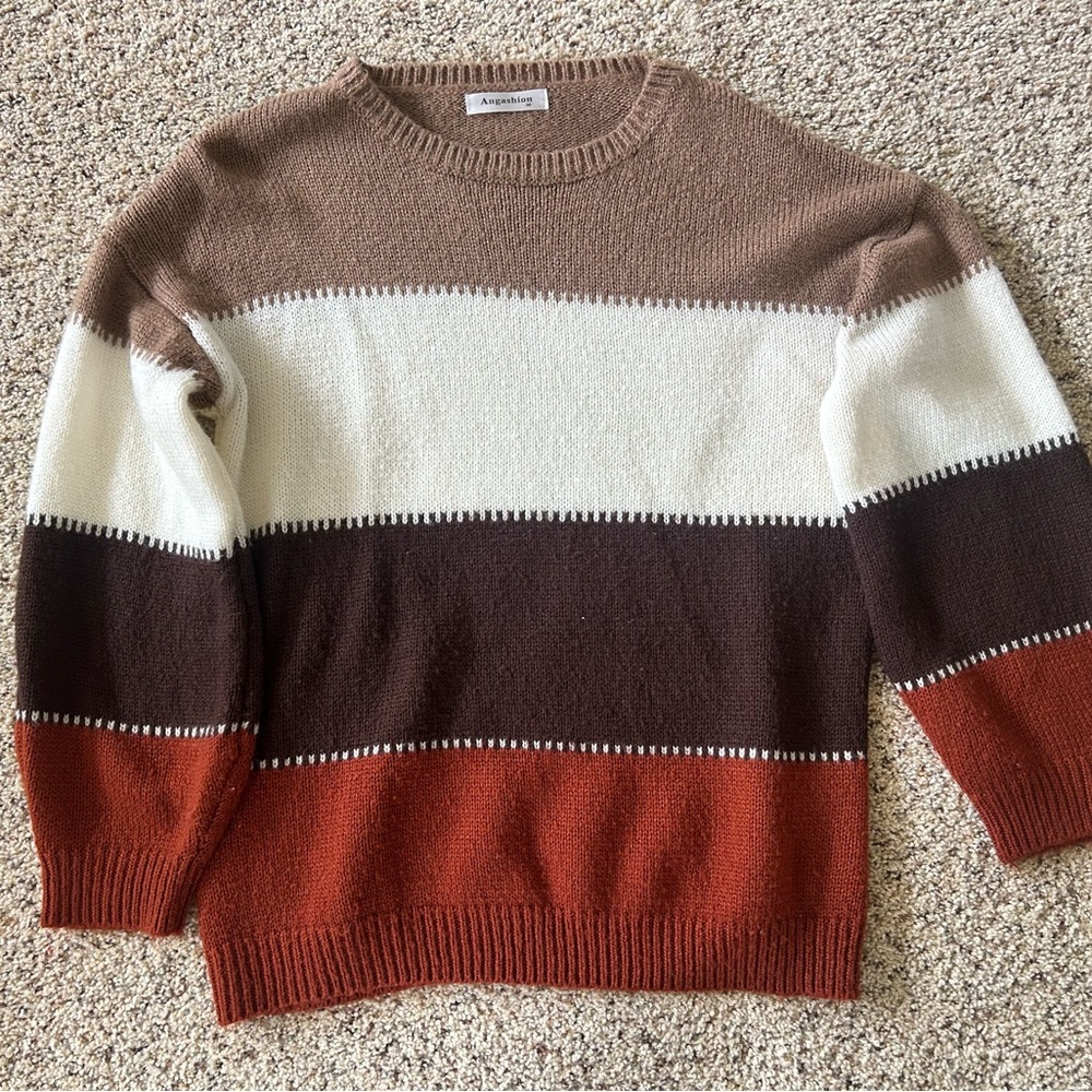 Striped Crewneck Sweater - Brown, White, Red